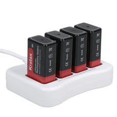 Kratax 4 Packs Kratax 9V Block Batteries9 Volt BRechargeable Lithium-Ion Battery 850mAh with Smart 4-Slot Charger