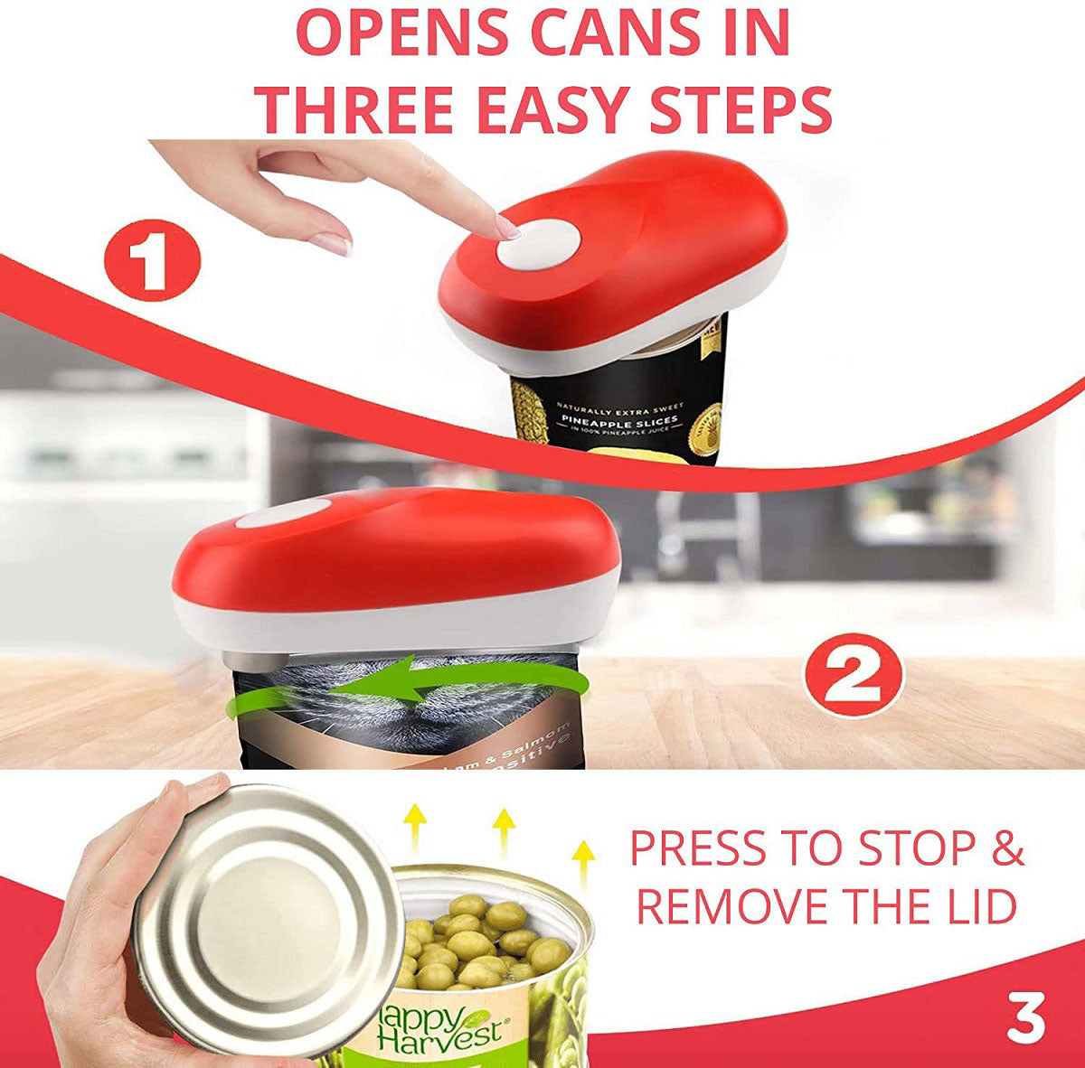 Kitchen Mama One Touch Can Opener: Open Cans with Simple Press of A Button - Auto Stop As Task COMPLETES, Ergonomic, Smooth Edge