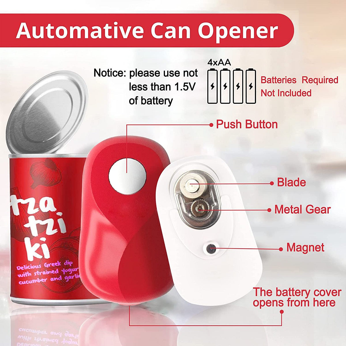 Kratax One Touch Can Opener: Auto Stop When Finished, Ergonomic, Smooth Edge,  Food-Safe, Battery Operated Can Opener, Red Electric Can Opener 